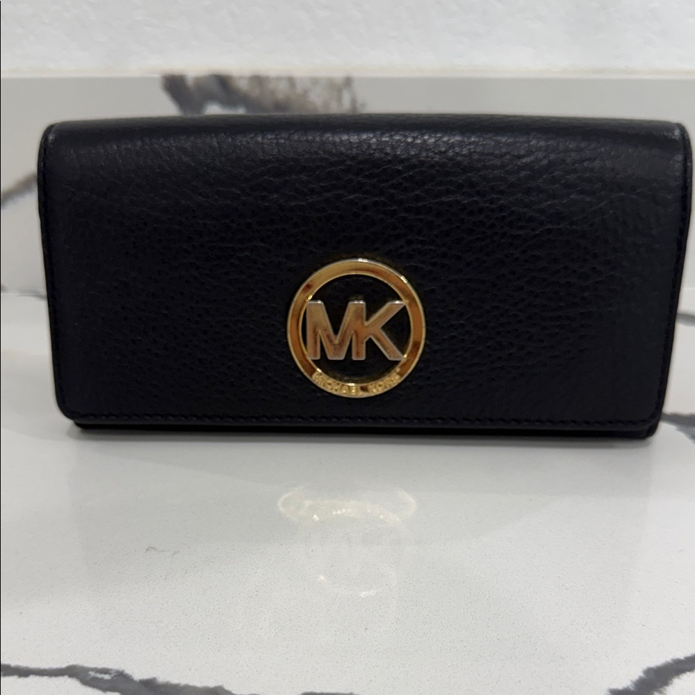 Michael Kors Black Leather Wallet with Gold Emblem